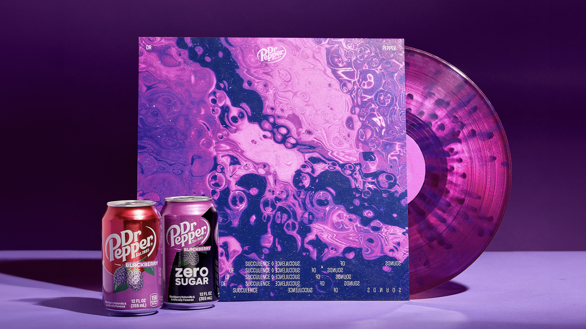 Sounds of succulence vinyl record and Dr Pepper cans